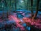 Dreamlike forest glade with neon pink and blue hues