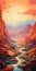 Dreamlike Illustration Of A Colorful Desert Landscape With Canyon And River