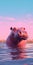 Dreamlike Illustration Of A Pink-headed Hippo On Water