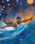 dreamlike illustration of a swimmer in the waves at night under a starry sky
