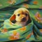 Dreamlike Illustration Of A Tan And Yellow Puppy On Luxurious Drapery