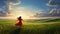 Dreamlike Landscape Woman In Red Dress Running In Field