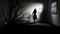 Dreamlike Nightmare: A Lady Standing In A Dark Room With A Tree Image