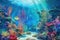 dreamlike scene with a surrealistic underwater landscape, filled with colorful aquatic life