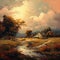 Dreamlike Scenery: An Old Barn And Stream In Warm Colors