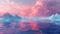 A dreamlike seascape with towering blue icebergs and waves under a canopy of radiant pink clouds
