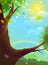 Dreamlike Summer Scenery with Big Tree and Rainbow