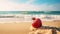Dreamlike Symbolism: A Red Pomegranate On A Serene Sandy Beach