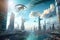 dreamlike vision of a futuristic city with sleek architecture, flying cars, and advanced technology