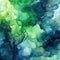 Dreamlike watercolor painting in green and blue with fluid, organic forms