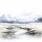 Dreamlike Watercolor Sketch Of Snowy Mountains Near A River