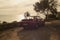 Dreamy 1990s classic red car on top of a hill with sea view and blue sky