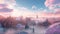 Dreamy aethereal city with pink air balloons flying in the sky. Lucid dreaming, astral travel. Generative AI