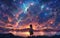 Dreamy Anime Scene A Girl Gazes At The Stars, Surrounded By Vibrant Night Hues