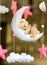 Dreamy baby crib mobile close up, hangs over the baby bed, cute bear sleeping on the moon, stuffed fluffy felt handmade cot toy