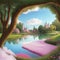 A dreamy candy floss tale landscape of vibrant colors and shapes