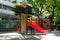 Dreamy, colorful red slides in the park