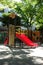 Dreamy, colorful red slides in the park