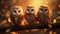 Dreamy Concept Art: Three Owls Perched On A Golden Branch
