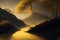 A dreamy, ethereal landscape of golden-black shadows generated by Ai