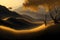 A dreamy, ethereal landscape of golden-black shadows generated by Ai