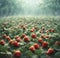 A dreamy and ethereal scene of a strawberry field, with delicate mint leaves floating in the air