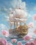 a dreamy fantasy ghost ship with flowers and clouds, generative ai illustration