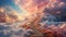 Dreamy fantasy scene with massive fluffy clouds in a dazzling array of colors with stairs wander upwards