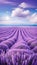 A dreamy image of a purple lavender field under a blue sky with white clouds, creating a sense of calmness and beauty