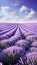 A dreamy image of a purple lavender field under a blue sky with white clouds, creating a sense of calmness and beauty