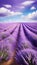 A dreamy image of a purple lavender field under a blue sky with white clouds, creating a sense of calmness and beauty