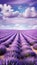 A dreamy image of a purple lavender field under a blue sky with white clouds, creating a sense of calmness and beauty