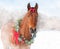 Dreamy image of a red bay horse wearing a Christmas wreath