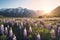 Dreamy landscape field of lupine flower field with snow capped mountain background Generative Ai