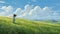 Dreamy Landscape Painting: Girl Running Through Grassy Field