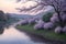 A dreamy landscape with rolling hills and a gentle river under a soft lavender sky generative by Ai