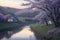 A dreamy landscape with rolling hills and a gentle river under a soft lavender sky generative by Ai