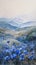 A dreamy landscape in soft watercolors, capturing blue flowers scattered across gentle hills.AI Generate