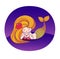 Dreamy lying cartoon mermaid with wavy golden hair and tail.
