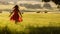 Dreamy Motion Blur Panorama: Girl In Red Dress Walking In Sun-soaked Field With Cows