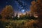 dreamy night sky, with the moon and stars shining brightly, surrounded by trees in a harvest moon landscape