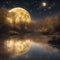 A dreamy nightscape with a golden moon illuminating the sky. Stars twinkle brightly, and a serene river - 1