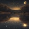 A dreamy nightscape with a golden moon illuminating the sky. Stars twinkle brightly, and a serene river - 1