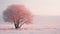 Dreamy Pink Tree In Snowy Landscape: A Soft And Serene Journey