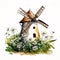 Dreamy Scenery: Farm Windmill and Daisy Fields in Watercolor Art AI Generated