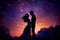 Dreamy silhouette of couple sharing a kiss under starry night sky, neural network generated image