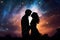 Dreamy silhouette of couple sharing a kiss under starry night sky, neural network generated image