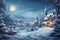 A dreamy snowy landscape village with festive decorations like a snow-covered Christmas tree, twinkling lights, and a snowman,