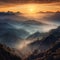Dreamy sunrise over layers of mountain with low clouds Generative AI