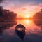 dreamy sunset with calm water and boat, beautiful scene on beach , peaceful , ai generated